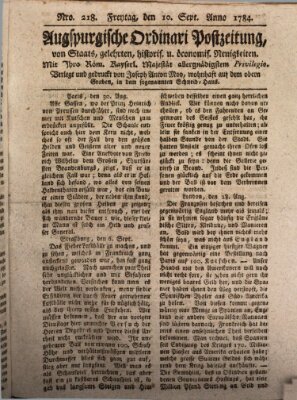 Augsburgische Ordinari Postzeitung von Staats-, gelehrten, historisch- u. ökonomischen Neuigkeiten (Augsburger Postzeitung) Freitag 10. September 1784