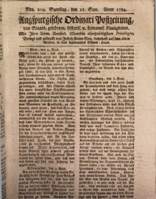 Augsburgische Ordinari Postzeitung von Staats-, gelehrten, historisch- u. ökonomischen Neuigkeiten (Augsburger Postzeitung) Samstag 11. September 1784