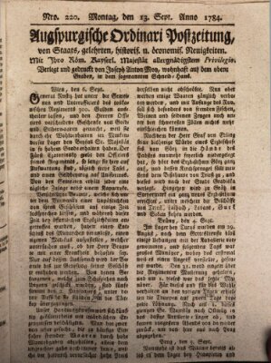 Augsburgische Ordinari Postzeitung von Staats-, gelehrten, historisch- u. ökonomischen Neuigkeiten (Augsburger Postzeitung) Montag 13. September 1784