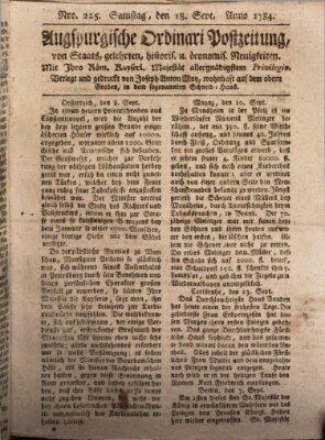 Augsburgische Ordinari Postzeitung von Staats-, gelehrten, historisch- u. ökonomischen Neuigkeiten (Augsburger Postzeitung) Samstag 18. September 1784