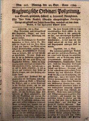 Augsburgische Ordinari Postzeitung von Staats-, gelehrten, historisch- u. ökonomischen Neuigkeiten (Augsburger Postzeitung) Montag 20. September 1784
