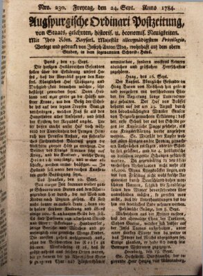 Augsburgische Ordinari Postzeitung von Staats-, gelehrten, historisch- u. ökonomischen Neuigkeiten (Augsburger Postzeitung) Freitag 24. September 1784