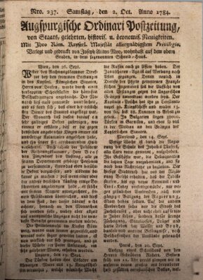 Augsburgische Ordinari Postzeitung von Staats-, gelehrten, historisch- u. ökonomischen Neuigkeiten (Augsburger Postzeitung) Samstag 2. Oktober 1784