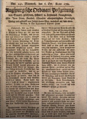 Augsburgische Ordinari Postzeitung von Staats-, gelehrten, historisch- u. ökonomischen Neuigkeiten (Augsburger Postzeitung) Mittwoch 6. Oktober 1784