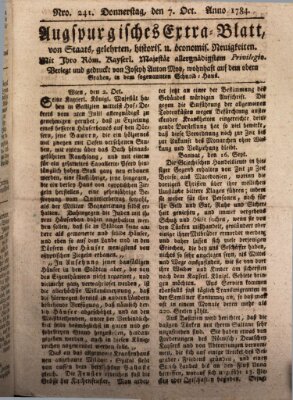 Augsburgische Ordinari Postzeitung von Staats-, gelehrten, historisch- u. ökonomischen Neuigkeiten (Augsburger Postzeitung) Donnerstag 7. Oktober 1784