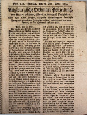 Augsburgische Ordinari Postzeitung von Staats-, gelehrten, historisch- u. ökonomischen Neuigkeiten (Augsburger Postzeitung) Freitag 8. Oktober 1784