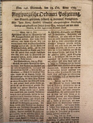 Augsburgische Ordinari Postzeitung von Staats-, gelehrten, historisch- u. ökonomischen Neuigkeiten (Augsburger Postzeitung) Mittwoch 13. Oktober 1784