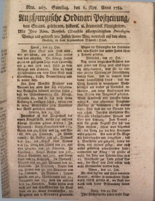 Augsburgische Ordinari Postzeitung von Staats-, gelehrten, historisch- u. ökonomischen Neuigkeiten (Augsburger Postzeitung) Samstag 6. November 1784