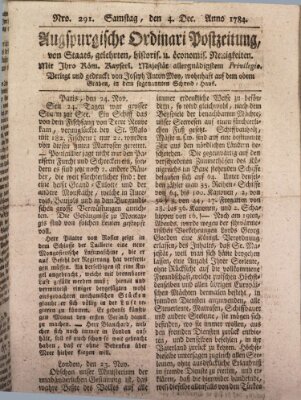 Augsburgische Ordinari Postzeitung von Staats-, gelehrten, historisch- u. ökonomischen Neuigkeiten (Augsburger Postzeitung) Samstag 4. Dezember 1784