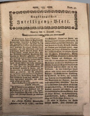 Augsburgische Ordinari Postzeitung von Staats-, gelehrten, historisch- u. ökonomischen Neuigkeiten (Augsburger Postzeitung) Montag 6. Dezember 1784