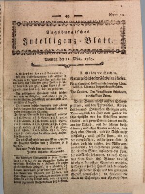 Augsburgische Ordinari Postzeitung von Staats-, gelehrten, historisch- u. ökonomischen Neuigkeiten (Augsburger Postzeitung) Montag 21. März 1785