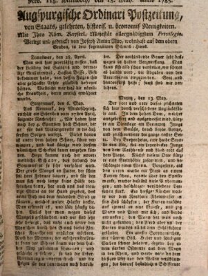 Augsburgische Ordinari Postzeitung von Staats-, gelehrten, historisch- u. ökonomischen Neuigkeiten (Augsburger Postzeitung) Mittwoch 18. Mai 1785