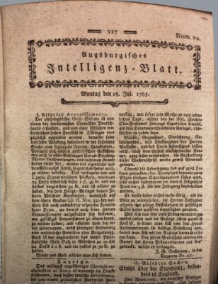 Augsburgische Ordinari Postzeitung von Staats-, gelehrten, historisch- u. ökonomischen Neuigkeiten (Augsburger Postzeitung) Montag 18. Juli 1785