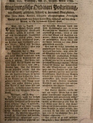 Augsburgische Ordinari Postzeitung von Staats-, gelehrten, historisch- u. ökonomischen Neuigkeiten (Augsburger Postzeitung) Samstag 20. August 1785