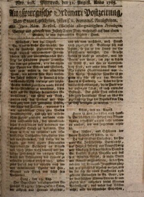 Augsburgische Ordinari Postzeitung von Staats-, gelehrten, historisch- u. ökonomischen Neuigkeiten (Augsburger Postzeitung) Mittwoch 31. August 1785