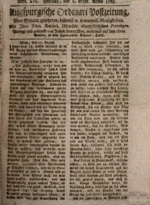 Augsburgische Ordinari Postzeitung von Staats-, gelehrten, historisch- u. ökonomischen Neuigkeiten (Augsburger Postzeitung) Freitag 2. September 1785