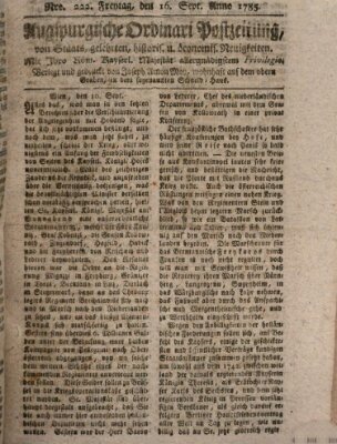 Augsburgische Ordinari Postzeitung von Staats-, gelehrten, historisch- u. ökonomischen Neuigkeiten (Augsburger Postzeitung) Freitag 16. September 1785