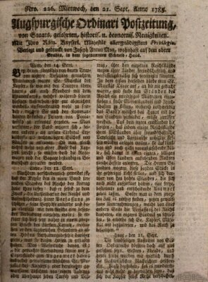 Augsburgische Ordinari Postzeitung von Staats-, gelehrten, historisch- u. ökonomischen Neuigkeiten (Augsburger Postzeitung) Mittwoch 21. September 1785