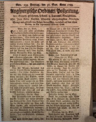 Augsburgische Ordinari Postzeitung von Staats-, gelehrten, historisch- u. ökonomischen Neuigkeiten (Augsburger Postzeitung) Freitag 30. September 1785