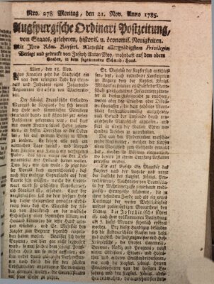 Augsburgische Ordinari Postzeitung von Staats-, gelehrten, historisch- u. ökonomischen Neuigkeiten (Augsburger Postzeitung) Montag 21. November 1785