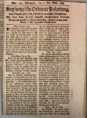 Augsburgische Ordinari Postzeitung von Staats-, gelehrten, historisch- u. ökonomischen Neuigkeiten (Augsburger Postzeitung) Mittwoch 7. Dezember 1785