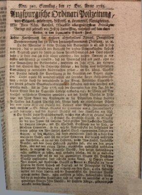 Augsburgische Ordinari Postzeitung von Staats-, gelehrten, historisch- u. ökonomischen Neuigkeiten (Augsburger Postzeitung) Samstag 17. Dezember 1785