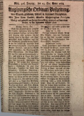 Augsburgische Ordinari Postzeitung von Staats-, gelehrten, historisch- u. ökonomischen Neuigkeiten (Augsburger Postzeitung) Freitag 23. Dezember 1785