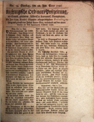 Augsburgische Ordinari Postzeitung von Staats-, gelehrten, historisch- u. ökonomischen Neuigkeiten (Augsburger Postzeitung) Dienstag 17. Januar 1786