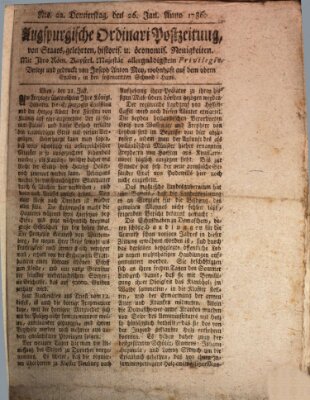 Augsburgische Ordinari Postzeitung von Staats-, gelehrten, historisch- u. ökonomischen Neuigkeiten (Augsburger Postzeitung) Donnerstag 26. Januar 1786