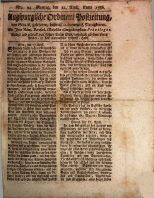 Augsburgische Ordinari Postzeitung von Staats-, gelehrten, historisch- u. ökonomischen Neuigkeiten (Augsburger Postzeitung) Montag 24. April 1786