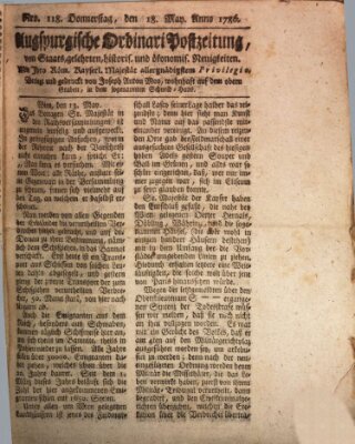 Augsburgische Ordinari Postzeitung von Staats-, gelehrten, historisch- u. ökonomischen Neuigkeiten (Augsburger Postzeitung) Donnerstag 18. Mai 1786