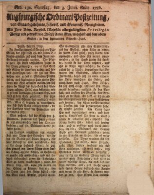 Augsburgische Ordinari Postzeitung von Staats-, gelehrten, historisch- u. ökonomischen Neuigkeiten (Augsburger Postzeitung) Samstag 3. Juni 1786