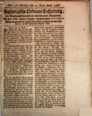 Augsburgische Ordinari Postzeitung von Staats-, gelehrten, historisch- u. ökonomischen Neuigkeiten (Augsburger Postzeitung) Dienstag 20. Juni 1786