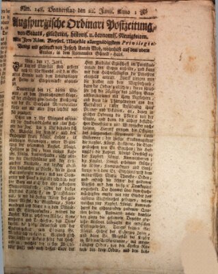 Augsburgische Ordinari Postzeitung von Staats-, gelehrten, historisch- u. ökonomischen Neuigkeiten (Augsburger Postzeitung) Donnerstag 22. Juni 1786