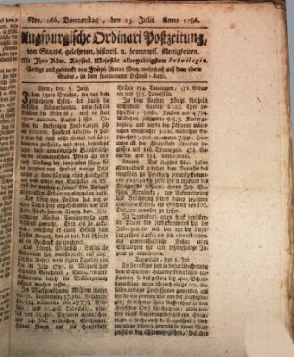 Augsburgische Ordinari Postzeitung von Staats-, gelehrten, historisch- u. ökonomischen Neuigkeiten (Augsburger Postzeitung) Donnerstag 13. Juli 1786