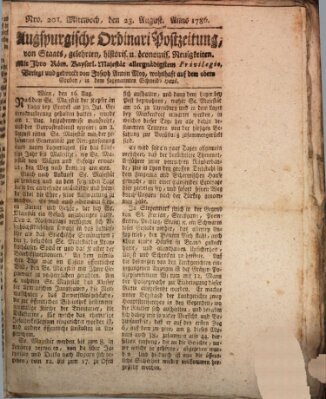 Augsburgische Ordinari Postzeitung von Staats-, gelehrten, historisch- u. ökonomischen Neuigkeiten (Augsburger Postzeitung) Mittwoch 23. August 1786