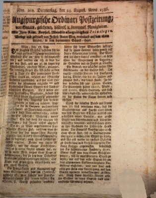 Augsburgische Ordinari Postzeitung von Staats-, gelehrten, historisch- u. ökonomischen Neuigkeiten (Augsburger Postzeitung) Donnerstag 24. August 1786