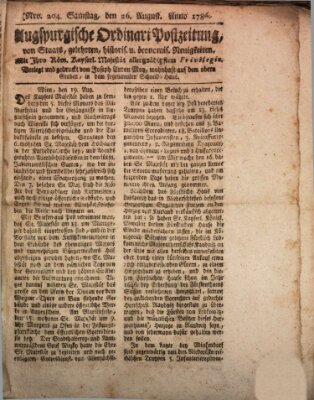 Augsburgische Ordinari Postzeitung von Staats-, gelehrten, historisch- u. ökonomischen Neuigkeiten (Augsburger Postzeitung) Samstag 26. August 1786