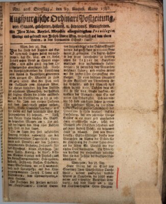 Augsburgische Ordinari Postzeitung von Staats-, gelehrten, historisch- u. ökonomischen Neuigkeiten (Augsburger Postzeitung) Dienstag 29. August 1786