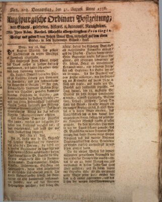 Augsburgische Ordinari Postzeitung von Staats-, gelehrten, historisch- u. ökonomischen Neuigkeiten (Augsburger Postzeitung) Donnerstag 31. August 1786