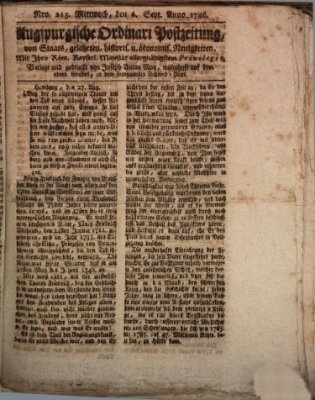 Augsburgische Ordinari Postzeitung von Staats-, gelehrten, historisch- u. ökonomischen Neuigkeiten (Augsburger Postzeitung) Mittwoch 6. September 1786