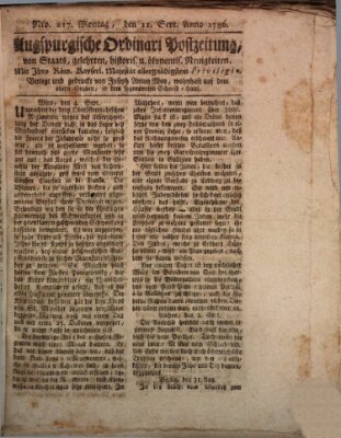 Augsburgische Ordinari Postzeitung von Staats-, gelehrten, historisch- u. ökonomischen Neuigkeiten (Augsburger Postzeitung) Montag 11. September 1786