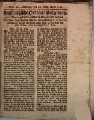 Augsburgische Ordinari Postzeitung von Staats-, gelehrten, historisch- u. ökonomischen Neuigkeiten (Augsburger Postzeitung) Montag 18. September 1786