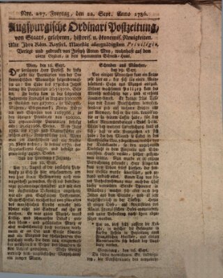 Augsburgische Ordinari Postzeitung von Staats-, gelehrten, historisch- u. ökonomischen Neuigkeiten (Augsburger Postzeitung) Freitag 22. September 1786