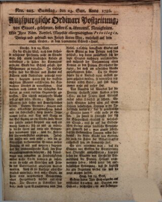 Augsburgische Ordinari Postzeitung von Staats-, gelehrten, historisch- u. ökonomischen Neuigkeiten (Augsburger Postzeitung) Samstag 23. September 1786