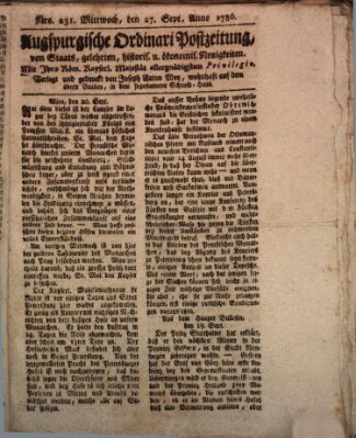 Augsburgische Ordinari Postzeitung von Staats-, gelehrten, historisch- u. ökonomischen Neuigkeiten (Augsburger Postzeitung) Mittwoch 27. September 1786