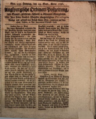 Augsburgische Ordinari Postzeitung von Staats-, gelehrten, historisch- u. ökonomischen Neuigkeiten (Augsburger Postzeitung) Freitag 29. September 1786