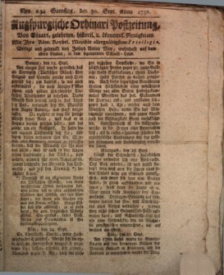 Augsburgische Ordinari Postzeitung von Staats-, gelehrten, historisch- u. ökonomischen Neuigkeiten (Augsburger Postzeitung) Samstag 30. September 1786