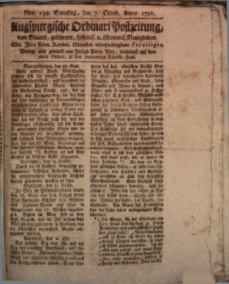 Augsburgische Ordinari Postzeitung von Staats-, gelehrten, historisch- u. ökonomischen Neuigkeiten (Augsburger Postzeitung) Samstag 7. Oktober 1786