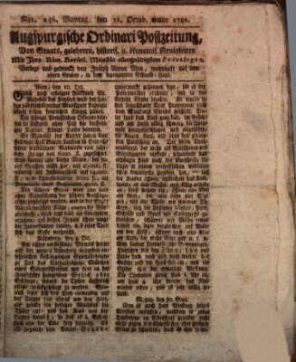 Augsburgische Ordinari Postzeitung von Staats-, gelehrten, historisch- u. ökonomischen Neuigkeiten (Augsburger Postzeitung) Montag 16. Oktober 1786